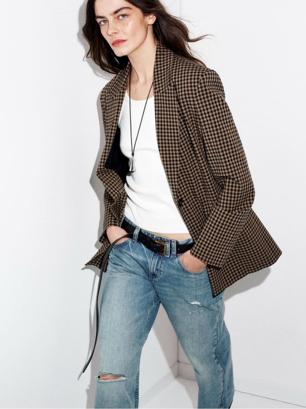 Zara Checked Blazer Jacket - Brown/Black Houndstooth